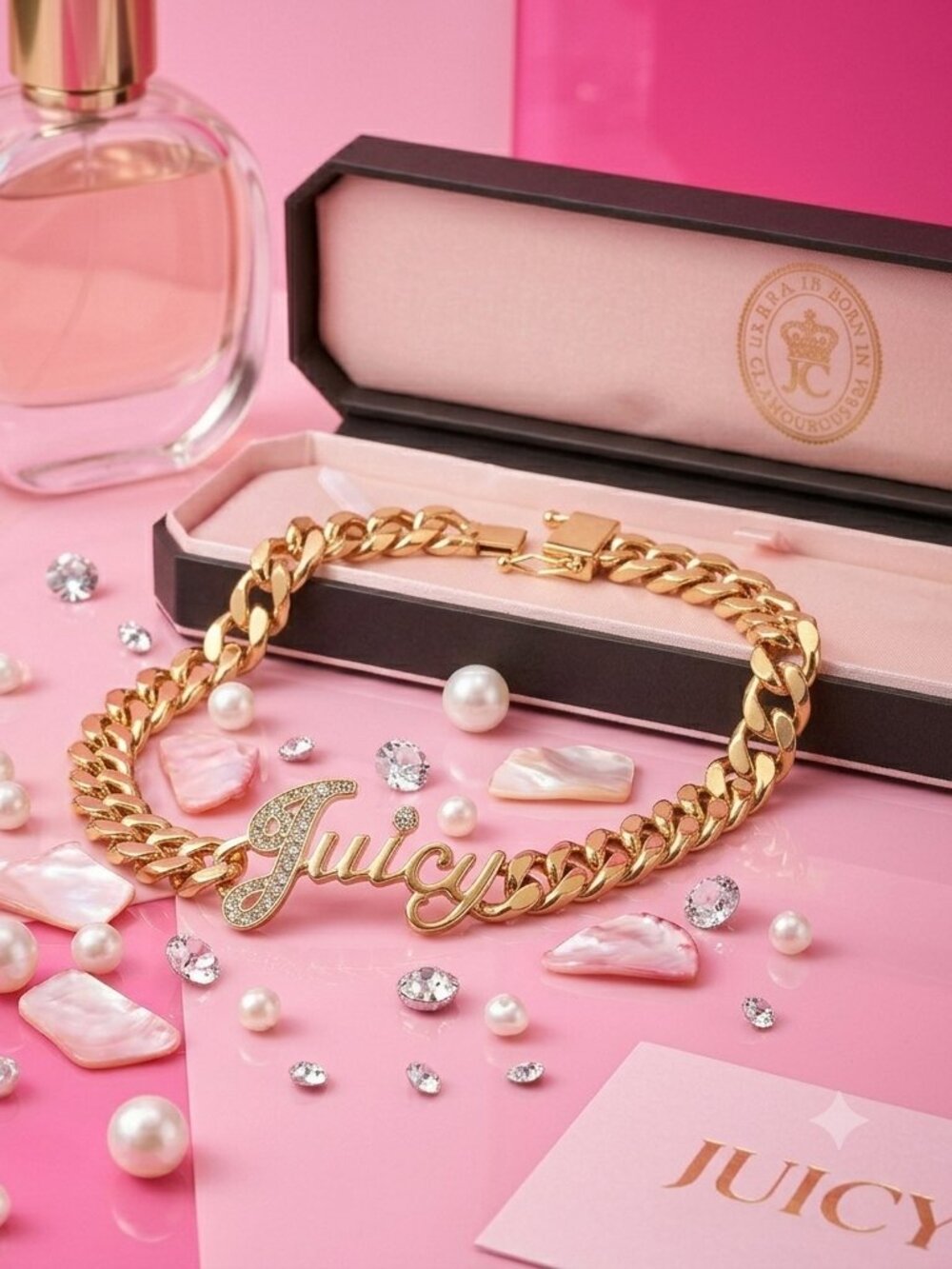 Juicy Couture Gold Tone Chain Bracelet with Crystal Logo Charm w/ Box